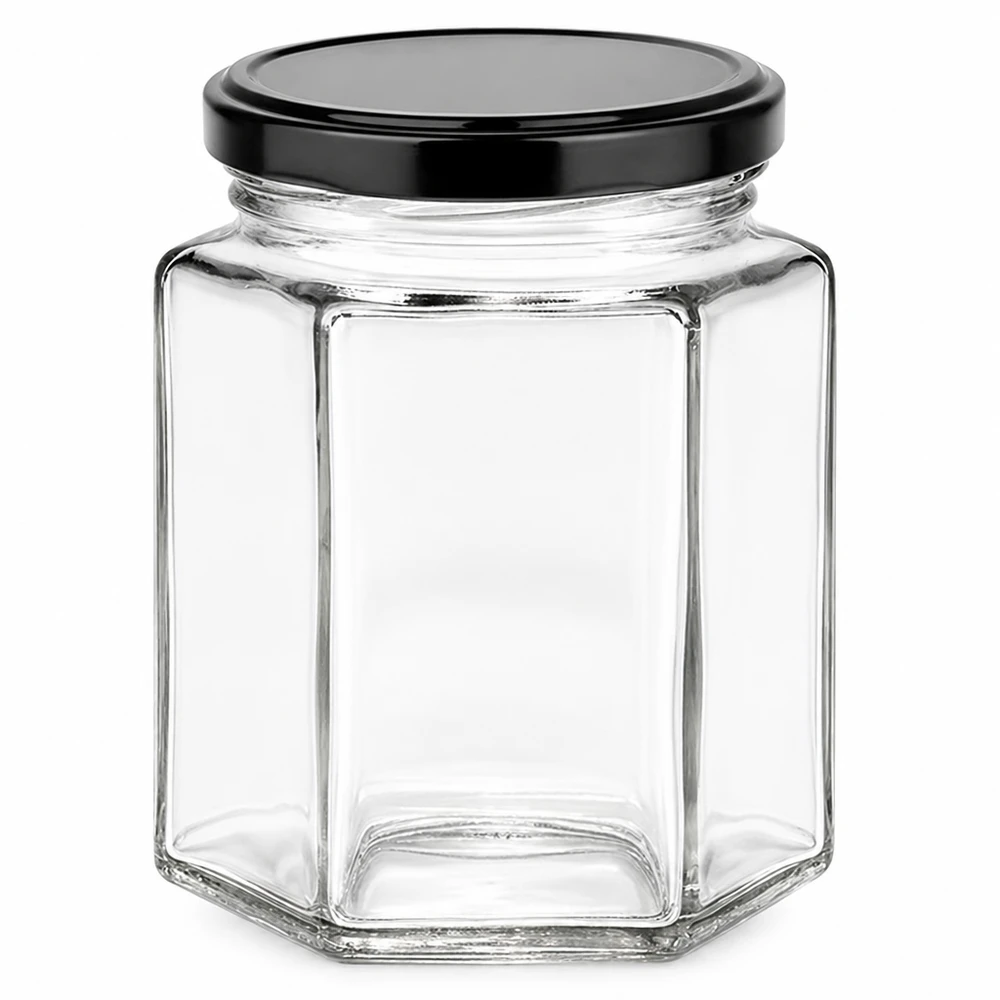 196ml Hexaglas mit schwarzem BasicSeal Deckel - sechseckiges Marmeladenglas aus klarem Glas für Konserven und Aufstriche