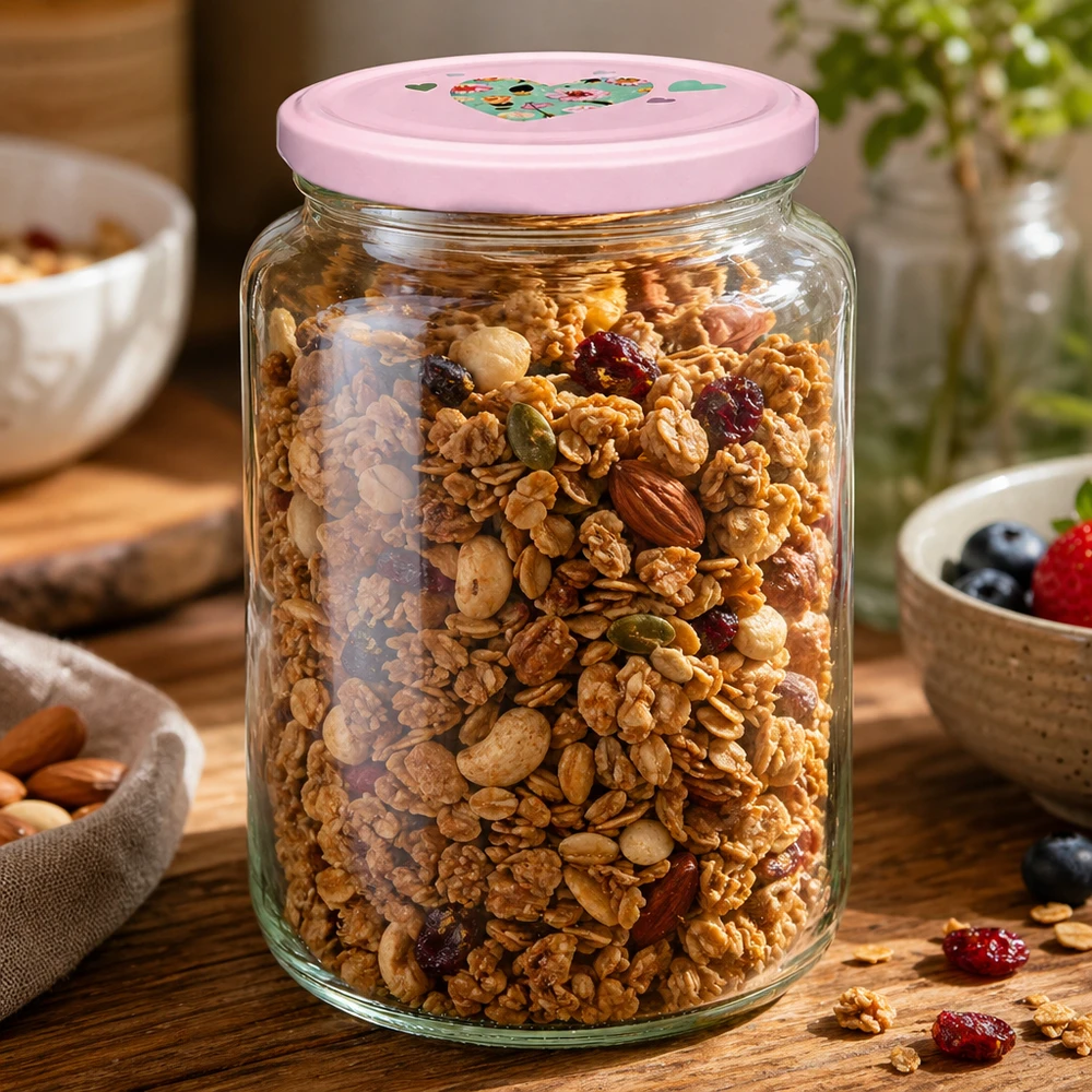 795ml Rundglas + BasicSeal Deckel Herz rosa UNiTWIST Rundglas 795ml mit rosa Herzdeckel gefüllt mit Müsli Nüssen und Trockenfrüchten als praktisches Vorratsglas für Küche