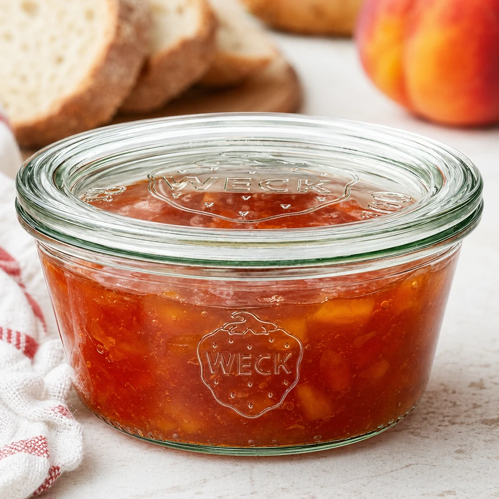 290ml Sturzglas niedrig mit Glasdeckel WECK RR100 WECK Glas 290ml RR100 mit Pfirsichmarmelade und Glasdeckel neben Brot und Obst in gemütlicher Küchenszene