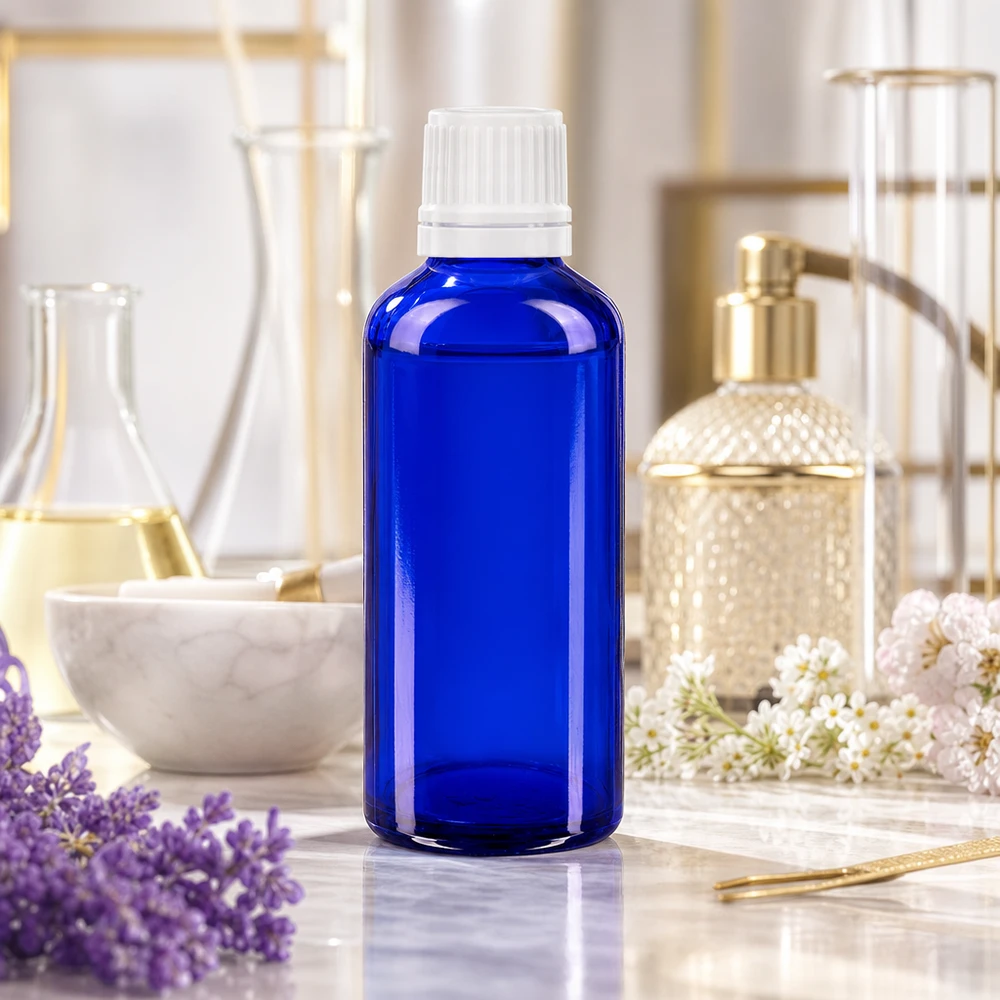 Apothekenflasche blau 50ml Tropfverschluss 1.2mm weiß Originalitätsverschluss Blaue 50ml Pharmaglasflasche mit weißem Originalverschluss und 0,7mm Tropfeinsatz