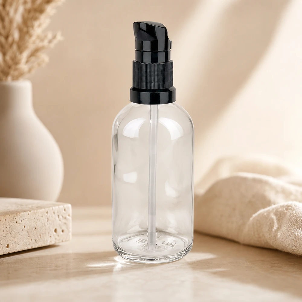 100ml Pumpflasche schwarz Standardverschluss ClearLine UT18/100 Klarglas Dosierflasche 100ml ClearLine schwarzer Pumpverschluss runder Flaschenkörper leer