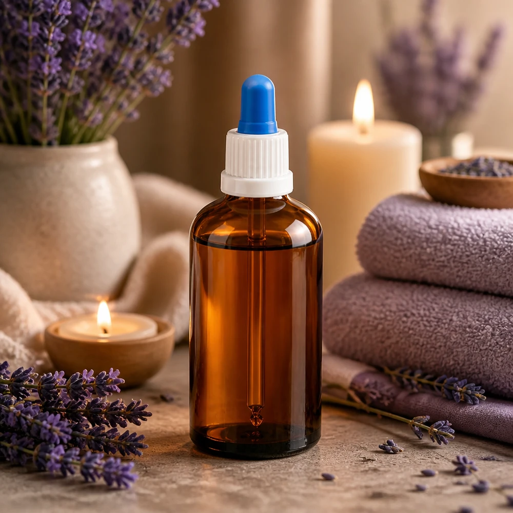 Apothekerflasche 100ml braun mit weißem Gewinde und blauer Tropfpipette für genaue Mengen