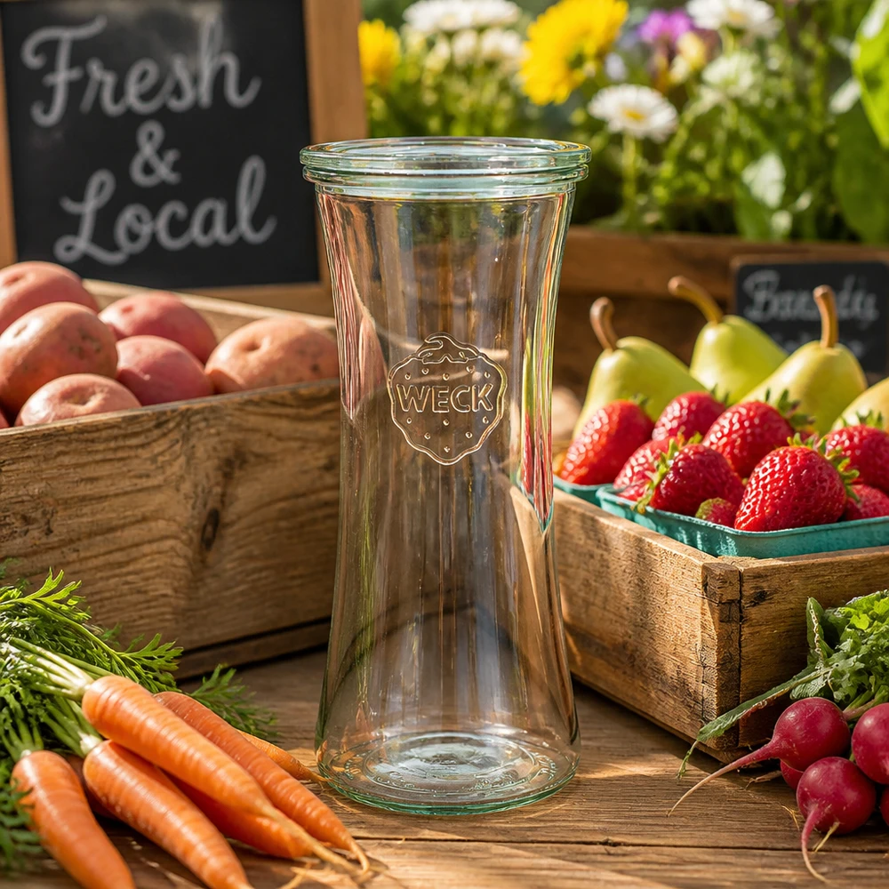 700ml Delikatessenglas mit Glasdeckel WECK RR80 WECK Delikatessenglas 700ml RR80 zwischen frischem Obst und Gemüse auf rustikalem Holztisch - Einmachglas für lokale Pro