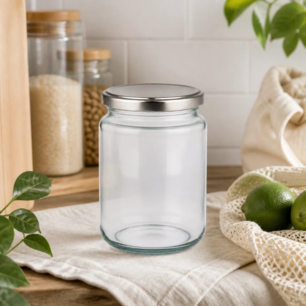 382ml Rundglas mit BasicSeal Deckel silber UNiTWIST 382ml Rundglas mit silbernem Deckel in nachhaltiger Küchenumgebung mit Limetten Jutebeutel Glasvorräte Öko-Lifestyle