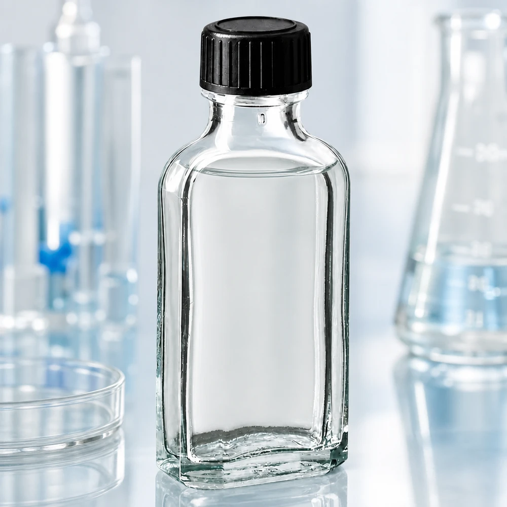 50 ml Meplat klar Schraubverschluss mit EPE-Dichtscheibe Klarglas Meplat Flasche 50 ml mit gerilltem Schraubverschluss für pharmazeutische Anwendungen