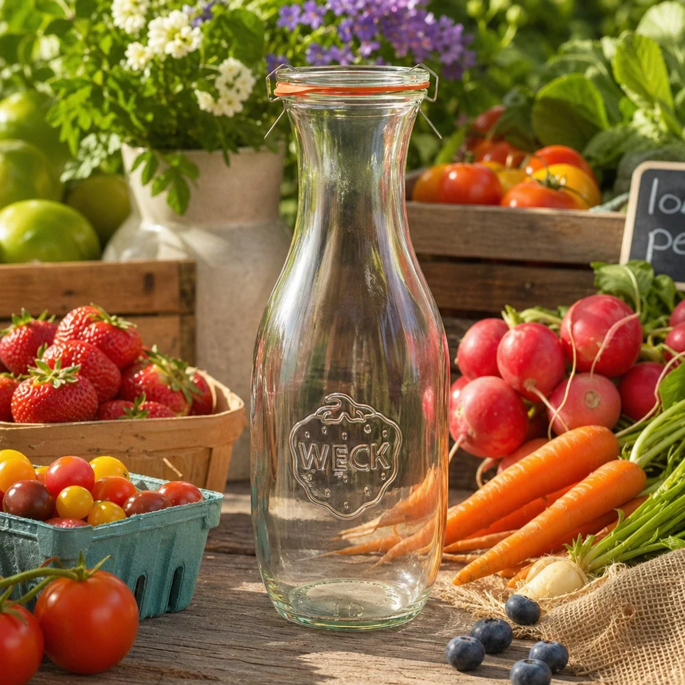 WECK Saftflasche 1062ml RR60 leer zwischen frischem Gemüse Obst auf Holztisch Farmers Market Ambiente natürlich