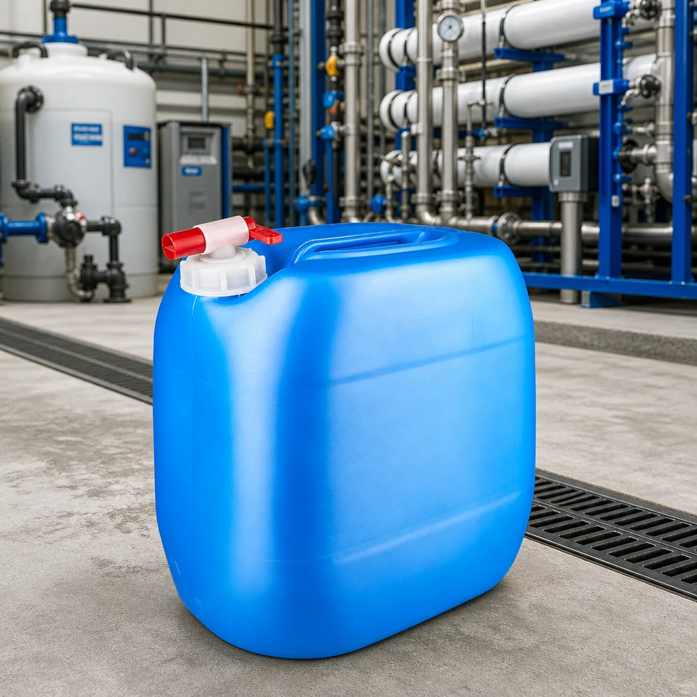 Stapelbarer PE-Kanister 30 Liter in Blau mit Auslaufhahn für industriellen Einsatz