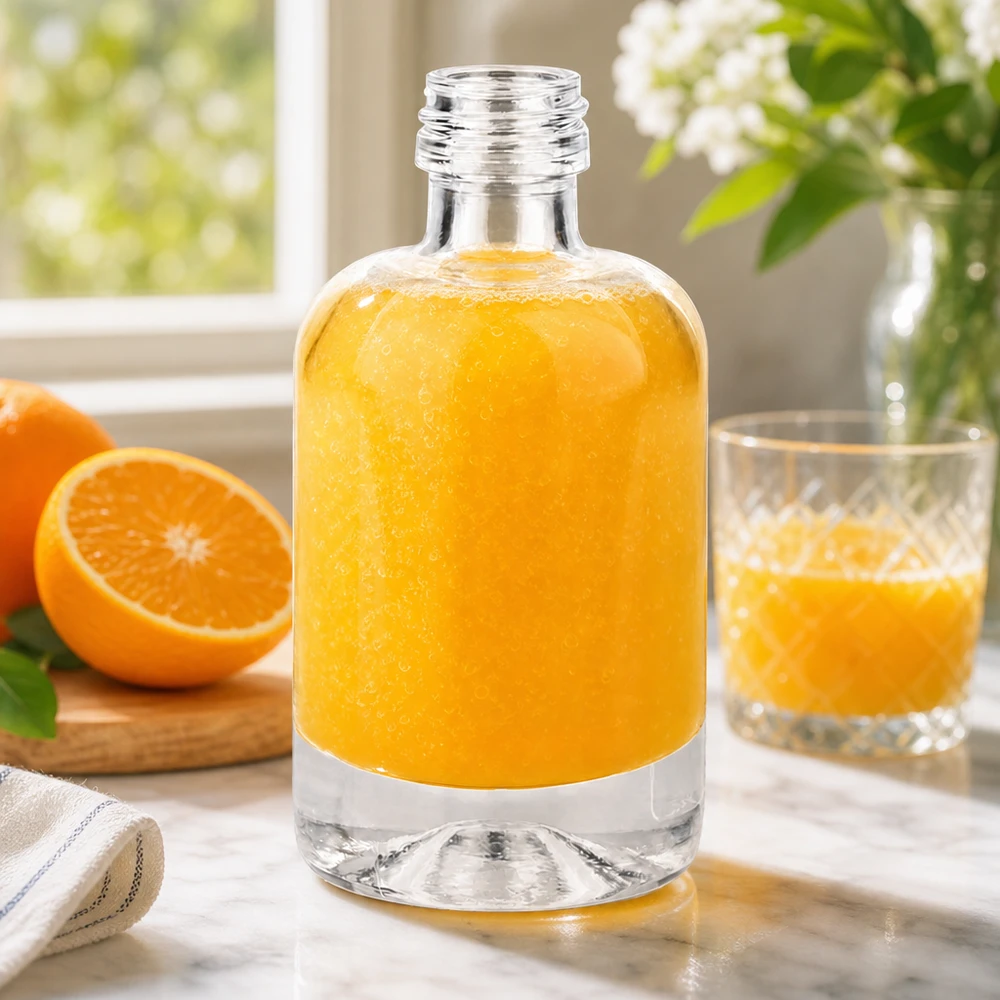 40ml Glasflasche Sara mit orangem Saft gefüllt zeigt Vielseitigkeit für Getränke und Kosmetik ohne Verschluss