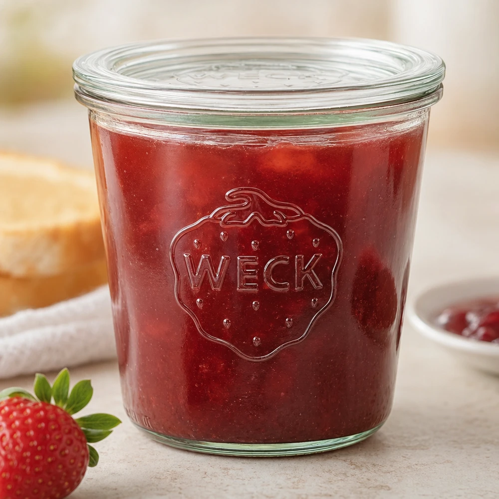 WECK Sturzglas 580ml RR100 mit roter Erdbeermarmelade und Strawberry-Logo auf Küchenarbeitsplatte