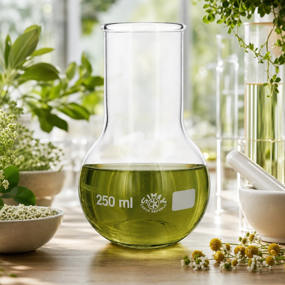 Stehkolben 250ml Weithals Laborstehkolben 250ml mit grüner Substanz in hellem Raum zwischen botanischen Versuchsaufbauten