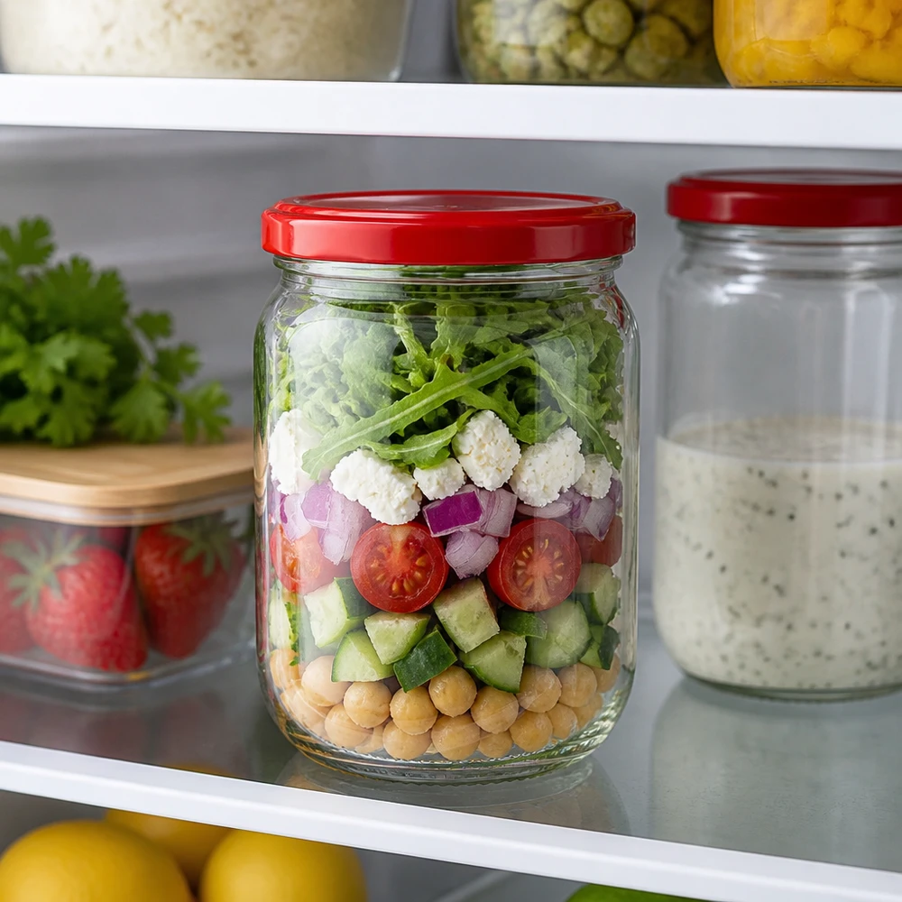 555ml Rundglas + BasicSeal Deckel rot UNiTWIST Schichtsalat in 555ml Rundglas UNiTWIST zeigt Fassungsvermögen für Meal Prep und Frischhalten
