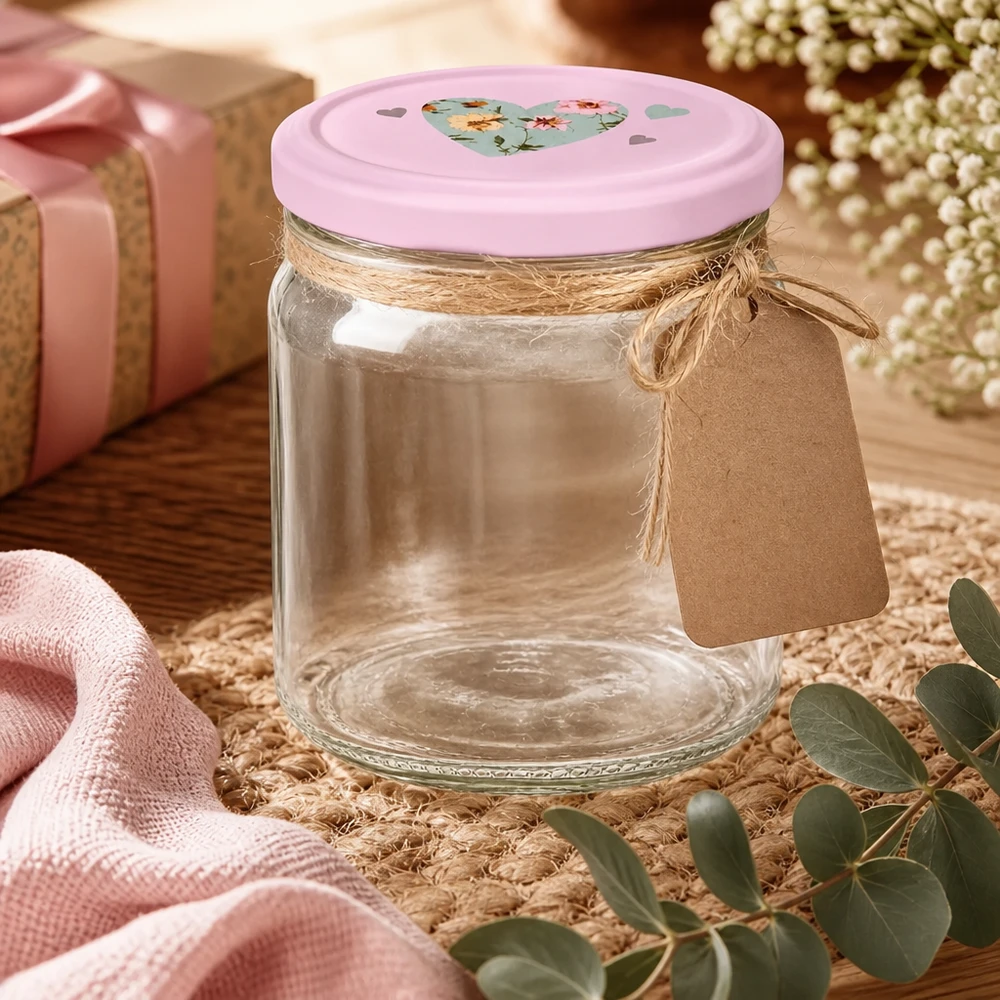 408ml Rundglas + BasicSeal Deckel Herz rosa UNiTWIST 408ml Rundglas mit rosa BasicSeal Herz-Deckel als Geschenkidee mit Juteschnur und Anhänger dekoriert