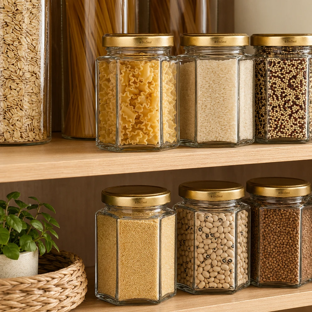 Sechseckige UNiTWIST Hexa196 Vorratsgläser mit TO58 BioSeal Golddeckel in organisierter Pantry mit Nudeln und Hülsenfrüc