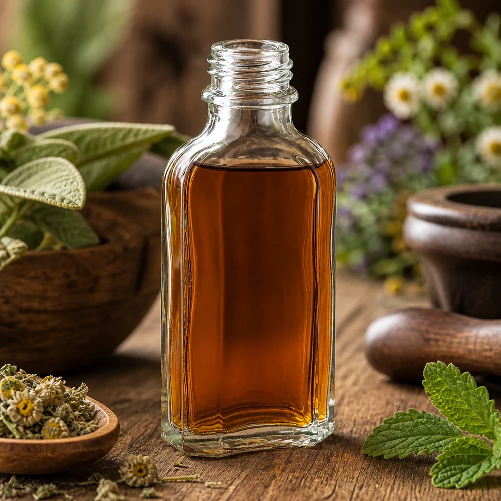 50 ml Meplatflasche klar DIN22 Naturheilkunde Aufbewahrung in 50 ml Meplatflasche klar DIN22 neben getrockneten Kräutern