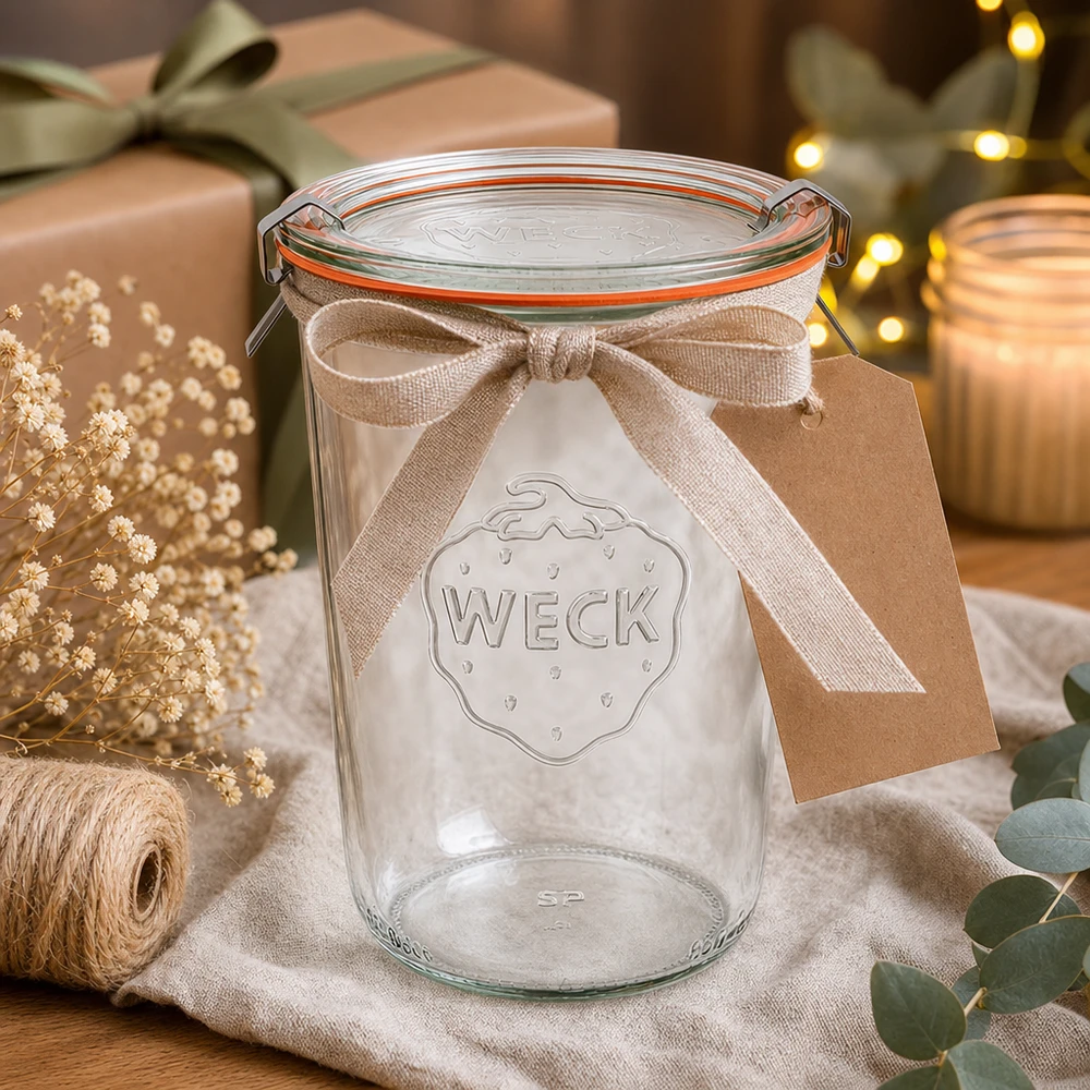 WECK 850ml Sturzglas RR100 als Geschenkidee dekoriert mit Schleife und Anhänger in gemütlicher Weihnachtsszene