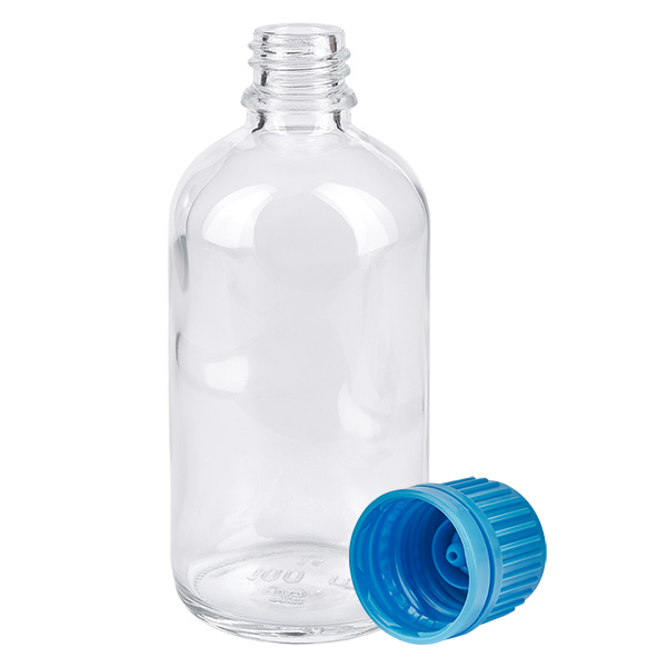 100ml Flasche 11mm Schraubverschluss blau Originalitätsverschluss ClearLine UT18/100 ClearLine Flasche 100ml UT18 Klarglas mit separatem blauem Sicherheitsschraubverschluss