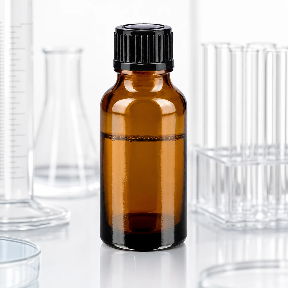 Apothekerflasche 20ml Braunglas lichtgeschützt schwarzer Verschluss auf weißer Oberfläche