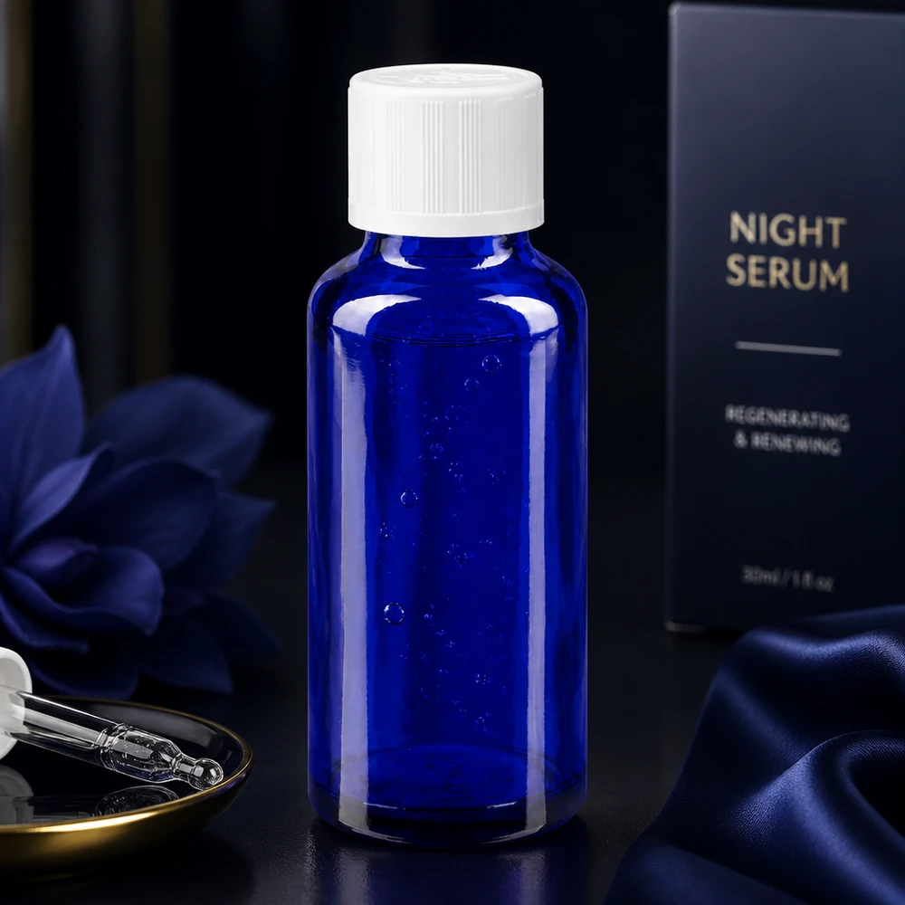 Blaue Serumflasche 30ml aus Schutzglas mit Tropfeinsatz neben Seidenstoff und Glasdropper