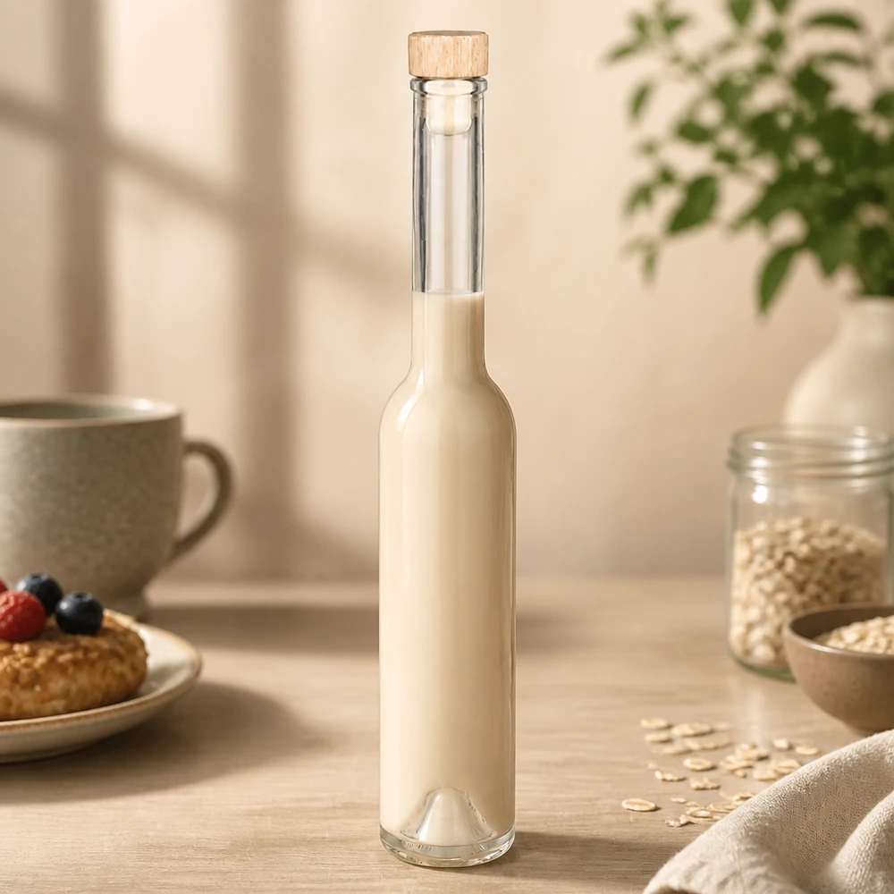 200ml Glasflasche Hugo mit Mandelmilch in gemütlicher Küche mit Haferflocken und Backwaren Lifestyle-Szene