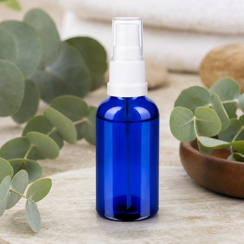 50ml Sprayflasche weiß/transparent Standardverschluss BlueLine UT18/50 Lichtschutz-Glasflasche 50ml mit Sprühkopf schützt empfindliche Inhaltsstoffe vor UV-Strahlung