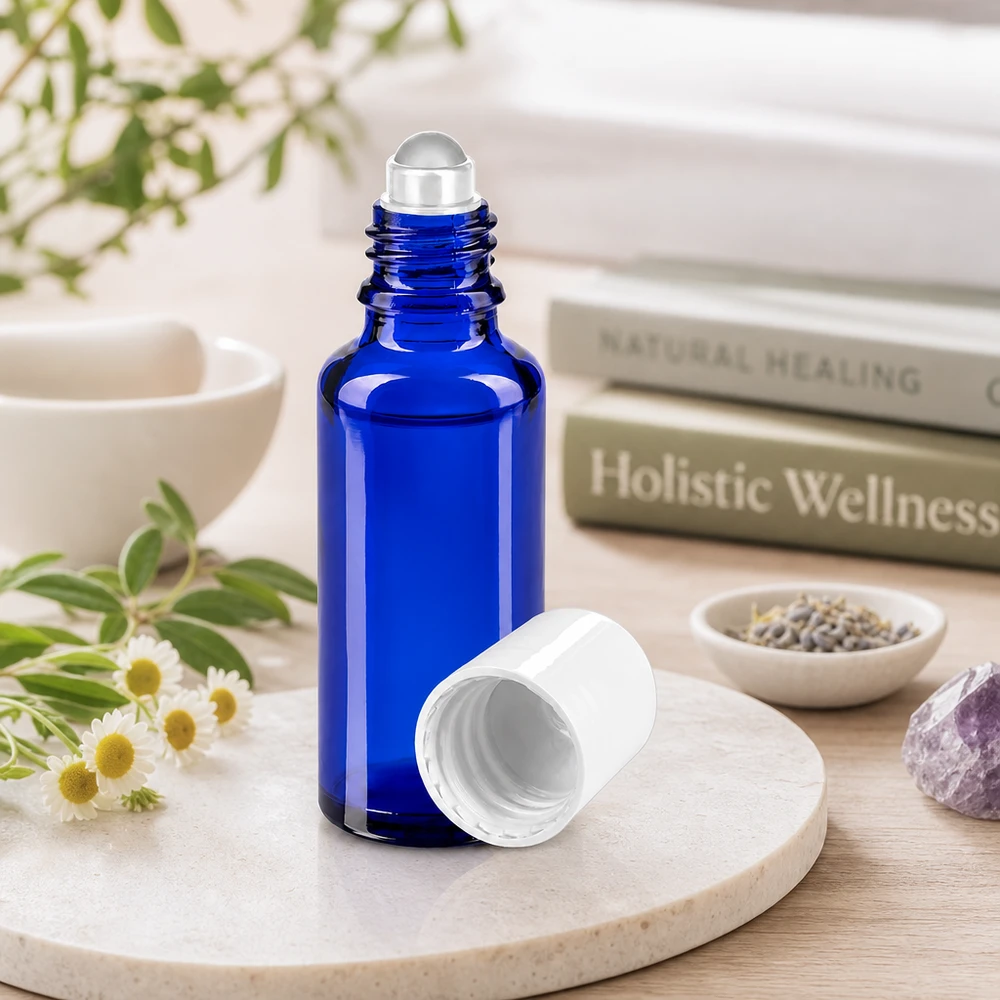 Apothekenflasche blau 30ml Roll-On Verschluss weiß Schlanke kobaltblaue 30ml Glasflasche mit Roll-On Verschluss für Serum und Pflegeöle