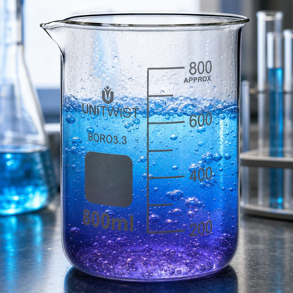 UNiTWIST Becherglas 800ml klares Borosilikatglas niedrige Form mit Beschriftungsfeld und Skala