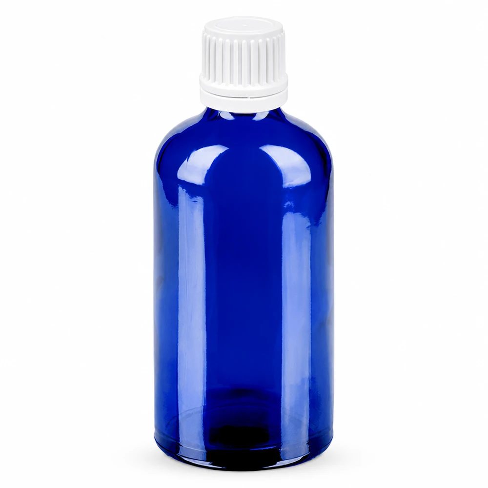 100ml Flasche 11mm Schraubverschluss weiß Originalitätsverschluss BlueLine UT18/100 Blauglas Flasche 100ml für ätherische Öle mit weissem Verschluss 11mm SV