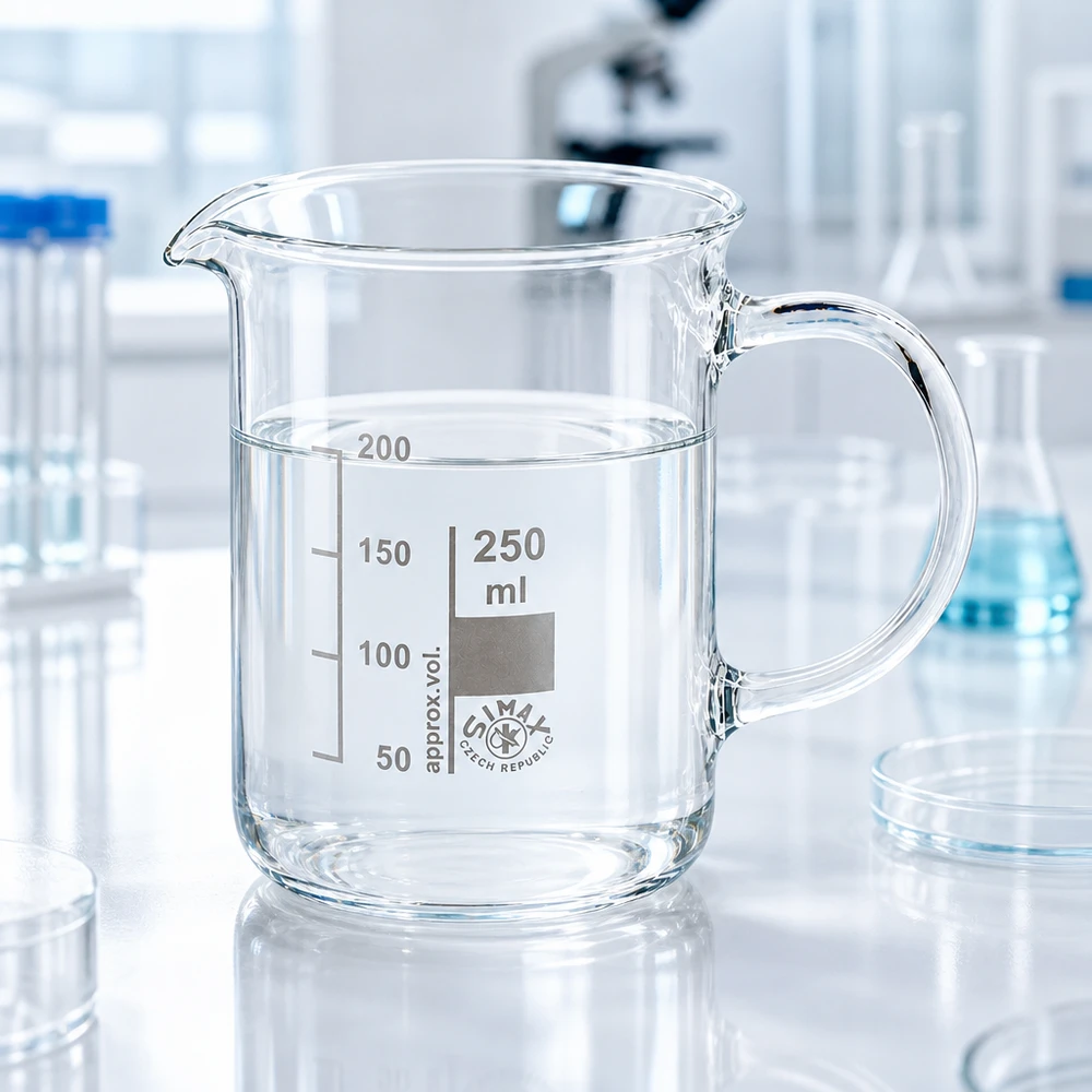 Becherglas 250ml Borosilikatglas mit Henkel neben Petrischale und Erlenmeyerkolben im Labor