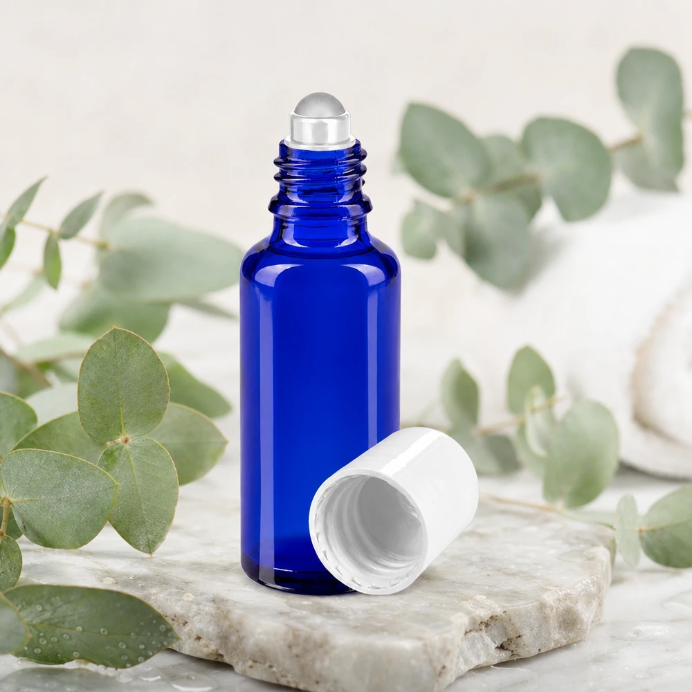 Apothekenflasche blau 30ml Roll-On Verschluss weiß Hochwertige kobaltblaue 30ml Glasflasche mit Roll-On Mechanismus und abnehmbarem Weißdeckel