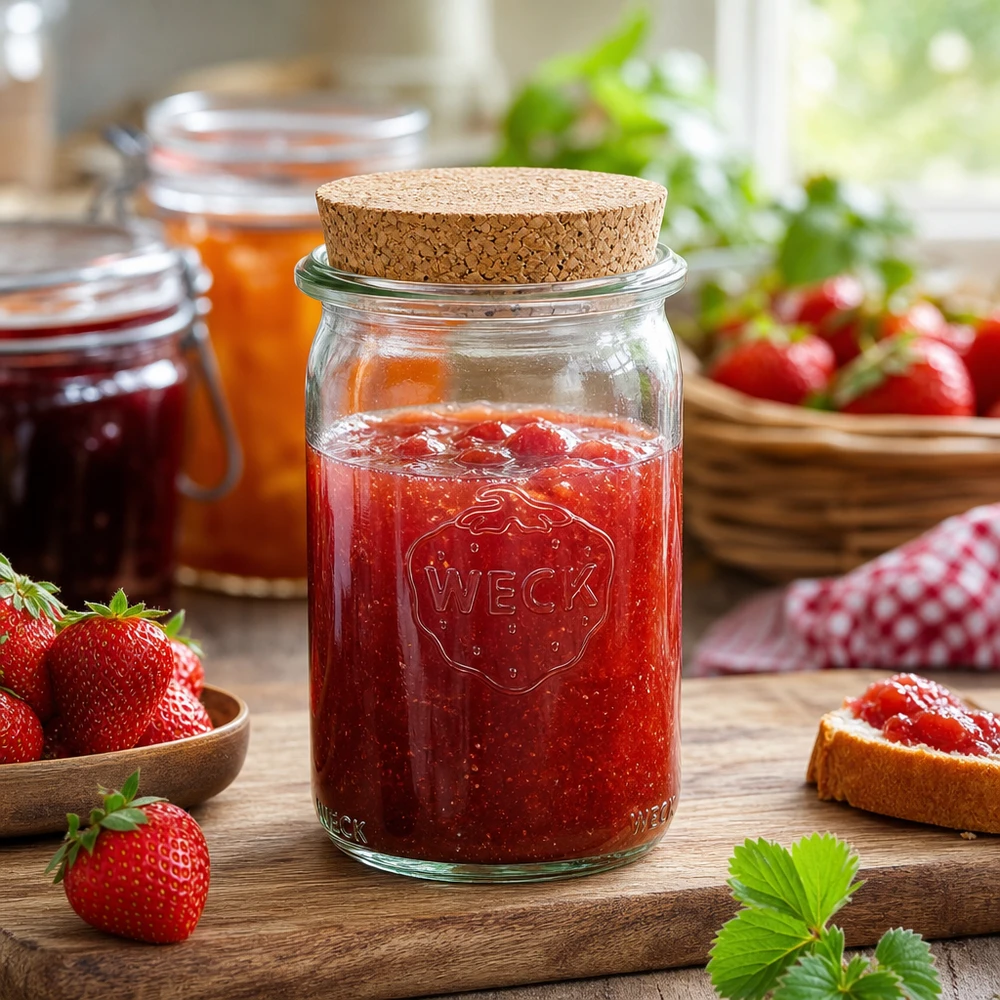 WECK 145ml Zylinderglas mit Korkdeckel gefüllt mit Erdbeermarmelade umgeben von frischen Erdbeeren auf Holztisch