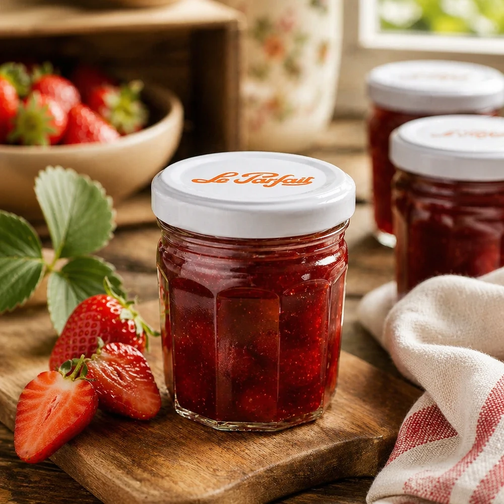 44ml Mini-Sturzglas "Jam" mit Schraubdeckel Le Parfait® Le Parfait Mini-Marmeladengläser 44ml mit Erdbeeren und Konfitüre auf Holzbrett - perfekt für selbstgemachte Aufstriche