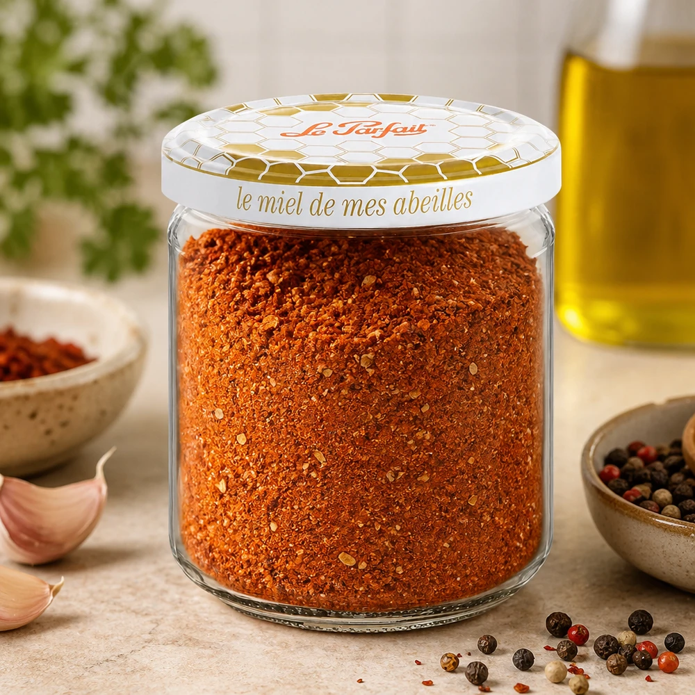 Le Parfait Honey Vorratsglas 212ml mit Gewürzmischung gefüllt neben Knoblauch Pfefferkörnern und Olivenöl
