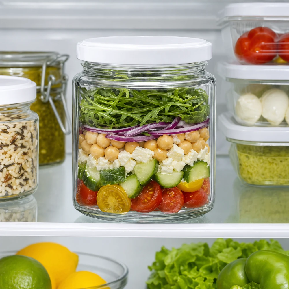 250ml Honigglas im Kühlschrank als Meal-Prep Behälter für Schichtsalat mit BasicSeal Deckel UNiTWIST