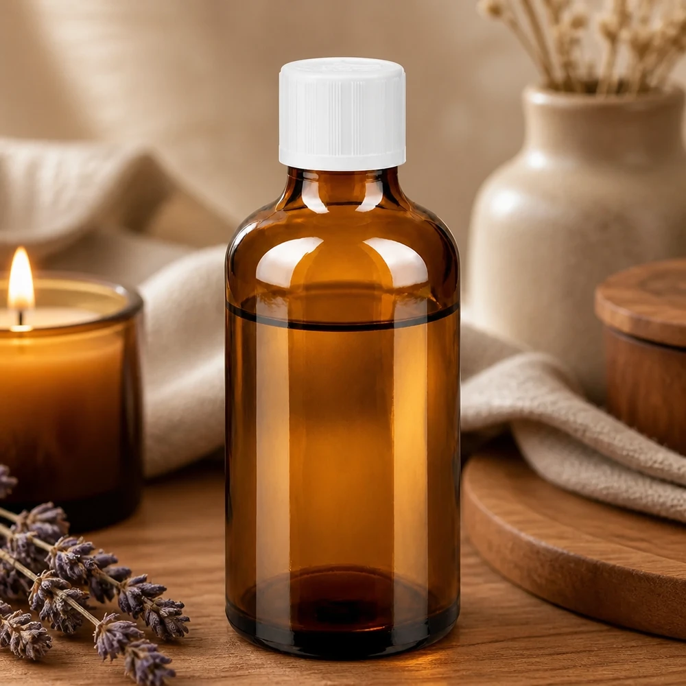Apothekenflasche braun 50ml Tropfverschluss weiß Kindersicherung Standard Schlanke Braunglasflasche 50ml weißer Kindersicherheitsverschluss im stilvollen Wellness-Ambiente