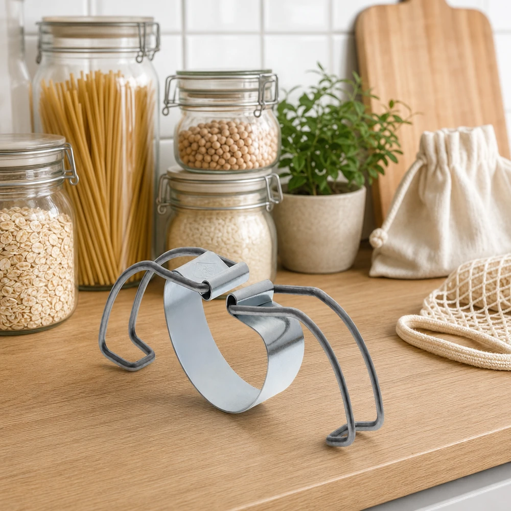 Einkochbügel RR100 zwischen nachhaltigen Vorratsgläsern mit Pasta und Hülsenfrüchten in Zero-Waste-Küche