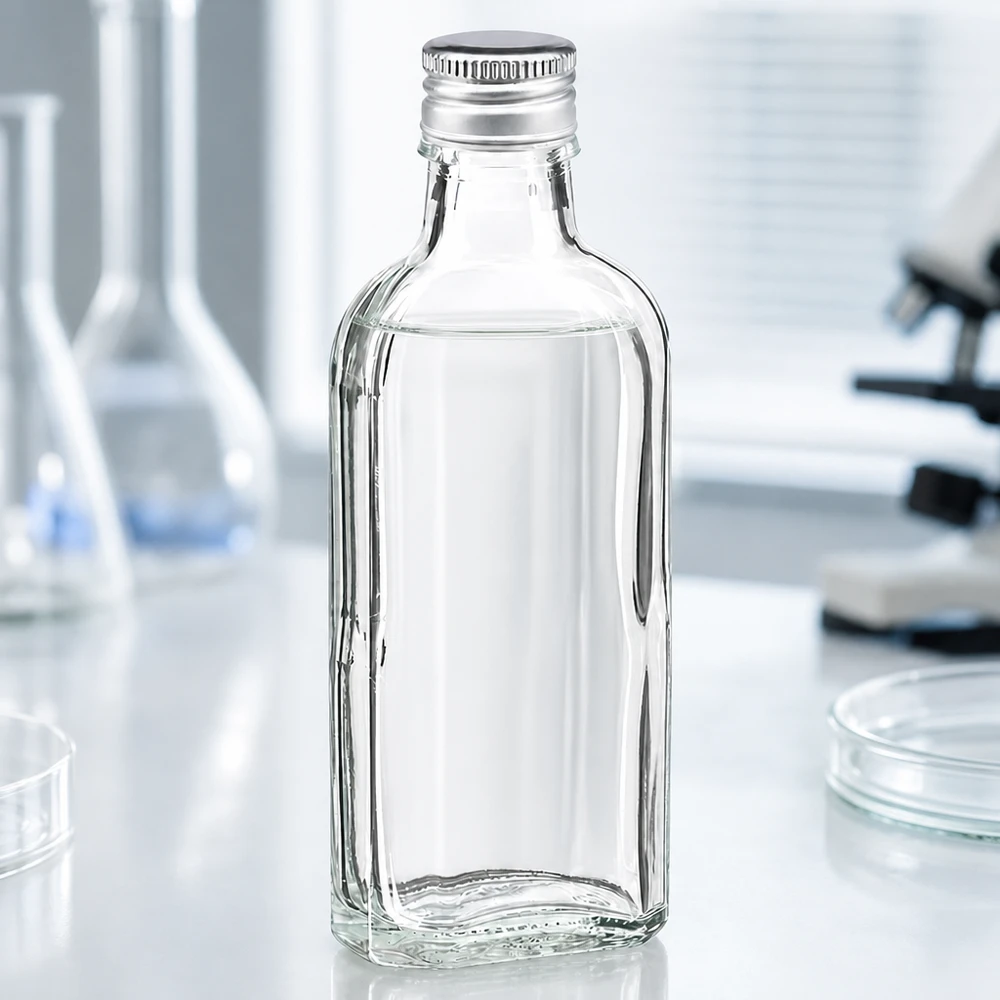 Hochwertige Meplat Glasflasche 0,1 Liter klar mit silbernem Schraubdeckel PP22