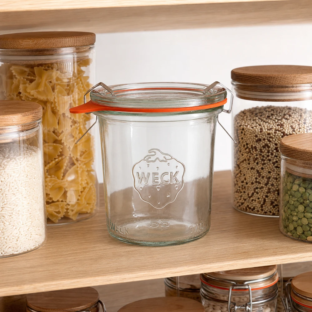 140ml Sturzglas komplett WECK RR60 WECK Sturzglas 140ml RR60 in Vorratsschrank mit Pasta Reis und Hülsenfrüchten zur Aufbewahrung von Lebensmitteln