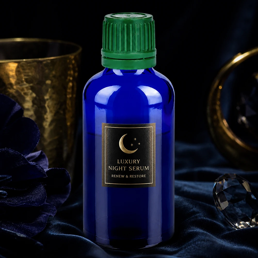 Handliche 50ml Glasflasche BlueLine mit wiederverschließbarem grünem Schraubdeckel