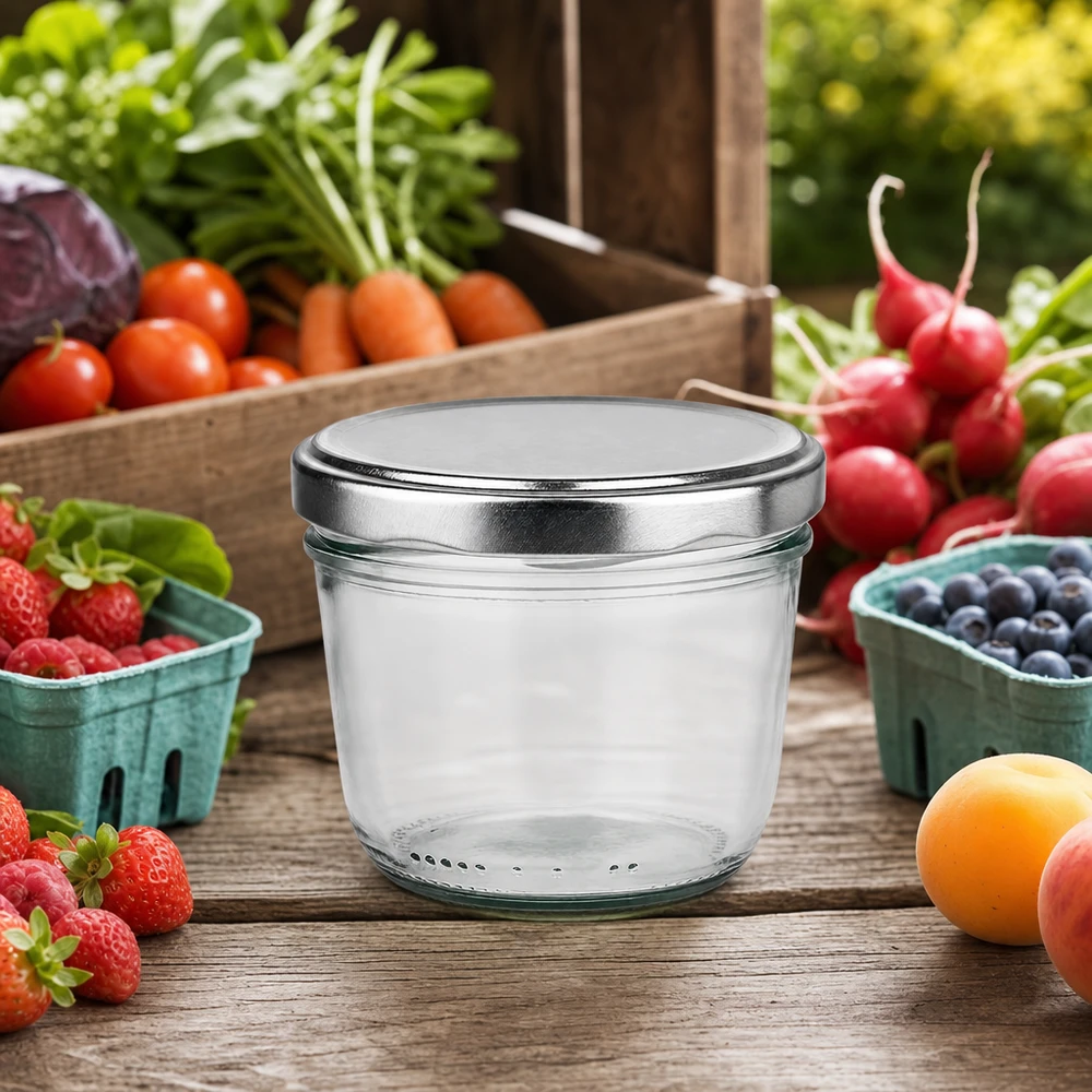 230ml Sturzglas mit BasicSeal Deckel silber UNiTWIST 230ml Sturzglas silber BasicSeal Deckel zwischen frischem Obst Gemüse auf Holztisch Outdoor Küchenszene natürlich