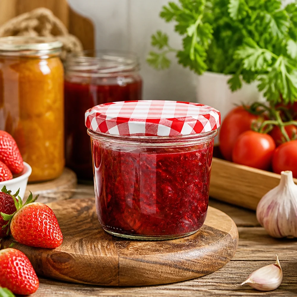 Sturzglas 230ml in Küchenszene mit Erdbeermarmelade gefüllt und BasicSeal Deckel rot-weiß kariert