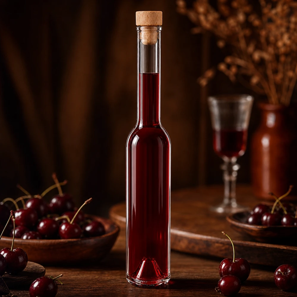 200ml Glasflasche "Hugo" mit Holzgriff-Korken UNiTWIST Glasflasche Hugo 200ml mit Kirschlikör gefüllt - edle Geschenkflasche mit Holzkorken in gemütlicher Atmosphäre