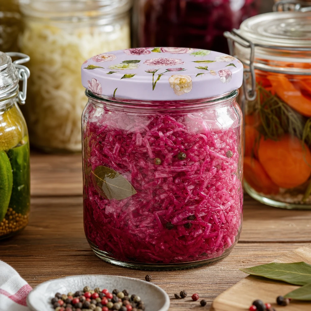 425ml Rundglas mit rosa Blumendeckel gefüllt mit fermentiertem Rotkohl zwischen Gewürzen zeigt Konservierung