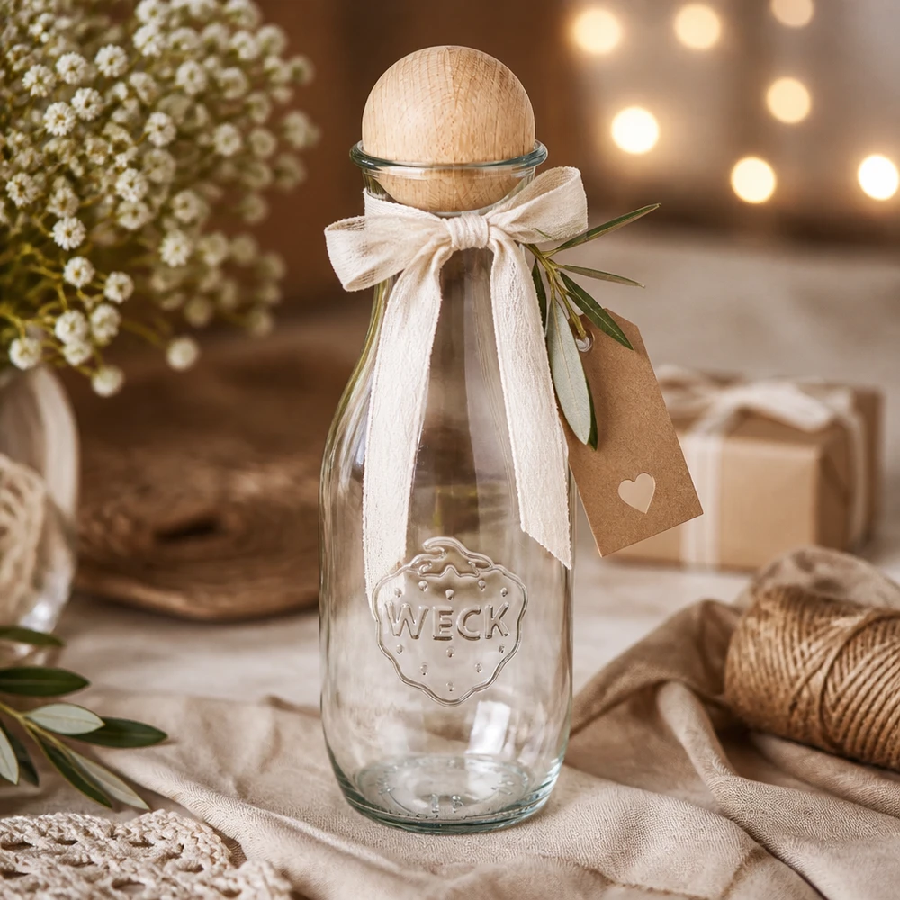 WECK Saftflasche 1062ml RR60 als Geschenk dekoriert mit weißer Schleife Kraftpapier-Anhänger und Olivenzweig