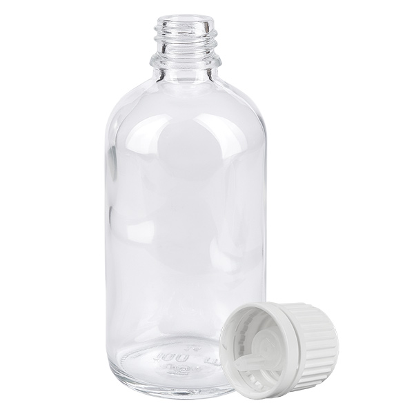 100ml Tropfflasche 0.7mm weiß Originalitätsverschluss ClearLine UT18/100 Medizinische Tropfflasche 100ml Klarglas gerippter Weißverschluss für präzise Dosierung