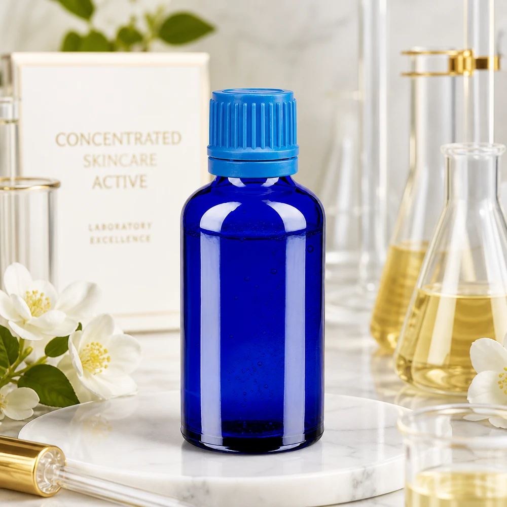 50ml Flasche 11mm Schraubverschluss blau Originalitätsverschluss BlueLine UT18/50 Handliche 50ml Blauglasflasche mit strukturiertem Deckel ideal für Seren und Konzentrate