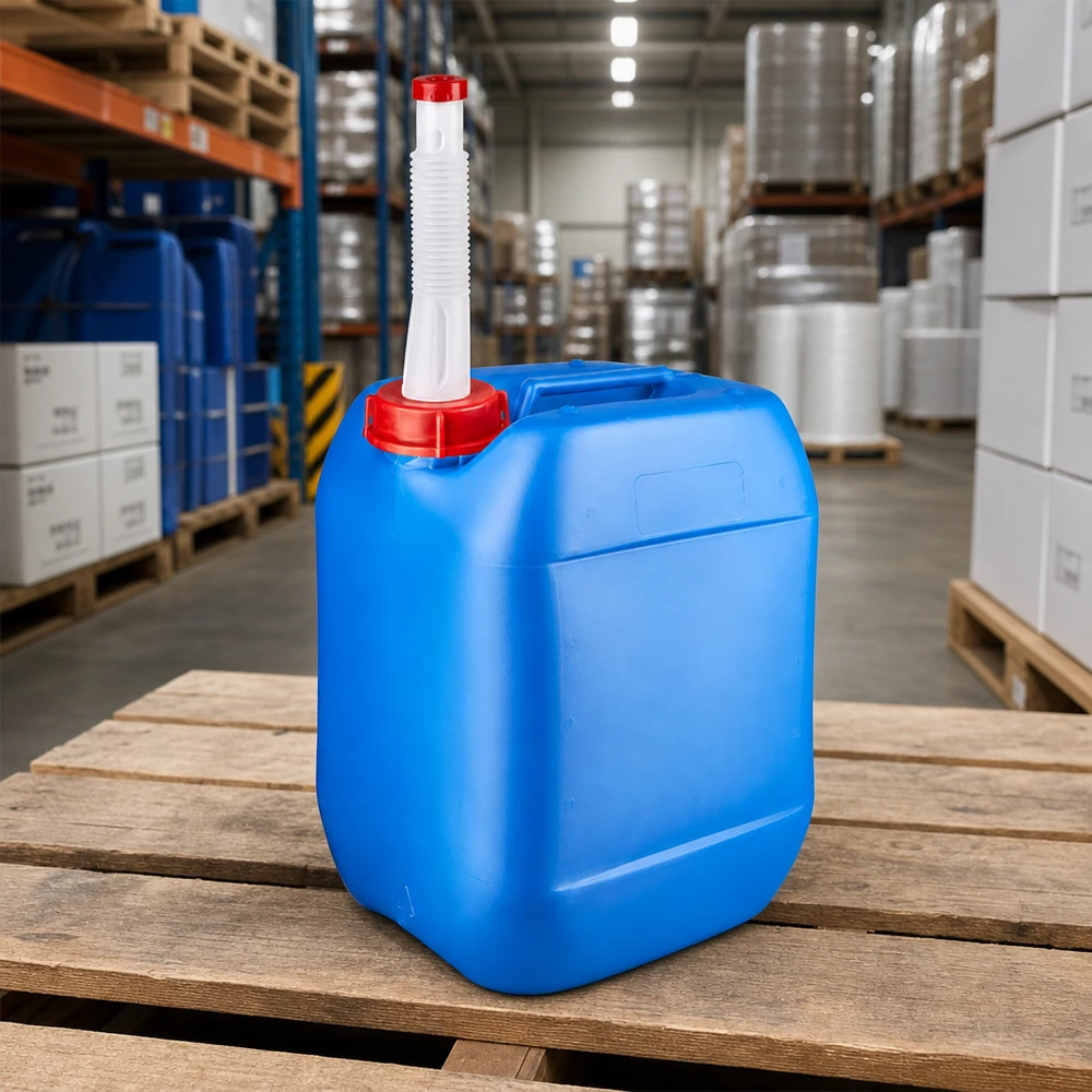 Kanister 10 Liter blau mit Auslaufrohr Flex Blauer UN-Kanister 10L mit flexiblem Einfüllrohr für Chemikalien und Betriebsstoffe