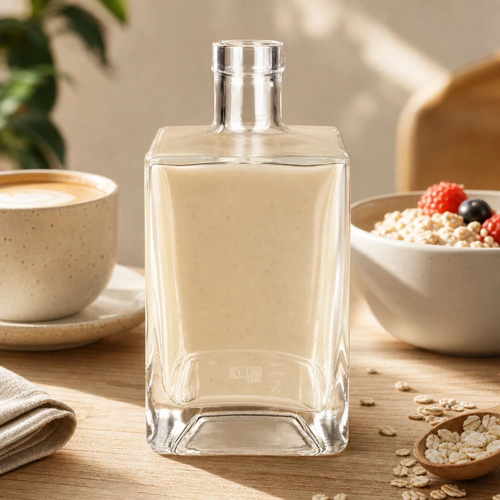 700ml Glasflasche "Gali" ohne Verschluss UNiTWIST® 700ml Glasflasche Ben transparent rechteckig auf Holztisch mit Kaffeetasse und Müslischale lifestyle Ambiente
