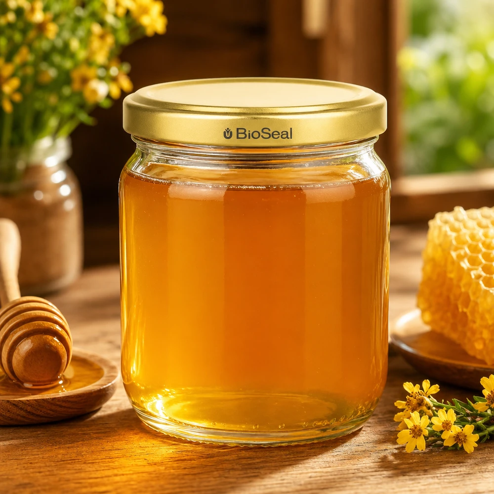 500g Honigglas mit goldenem Deckel BioSeal UNiTWIST 500g BioSeal Honigglas mit goldenem Deckel gefüllt mit Honig neben Bienenwabe und Honiglöffel auf Holztisch