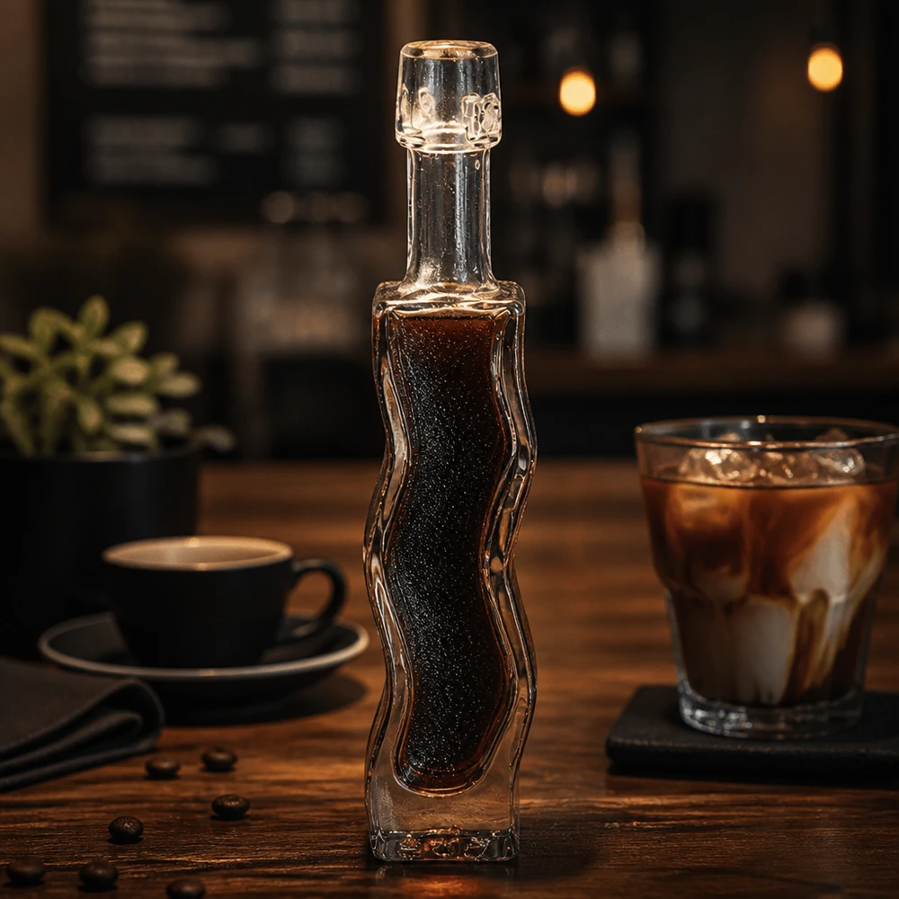 40ml Glasflasche "Anna" ohne Bügelverschluss UNiTWIST 40ml Glasflasche Anna mit dunklem Kaffeesirup befüllt Café-Ambiente Holztisch Anwendungsbeispiel Barista-Zubehör