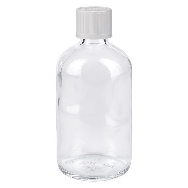 Apothekenflasche klar 100ml Schraubverschluss weiß Kindersicherung Standard Apothekenflasche klar 100ml Schraubverschluss weiß Kindersicherung Standard